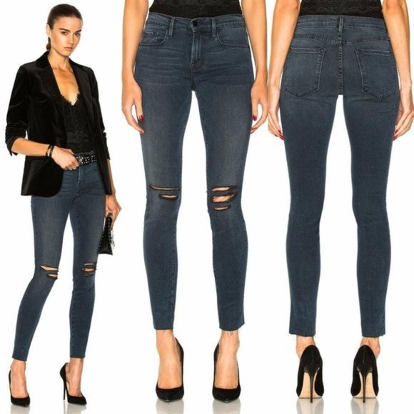 FRAME Denim Mid Rise Skinny Raw Hem Knee Tear Jean in Gifford Dark Wash - Picture 1 of 12